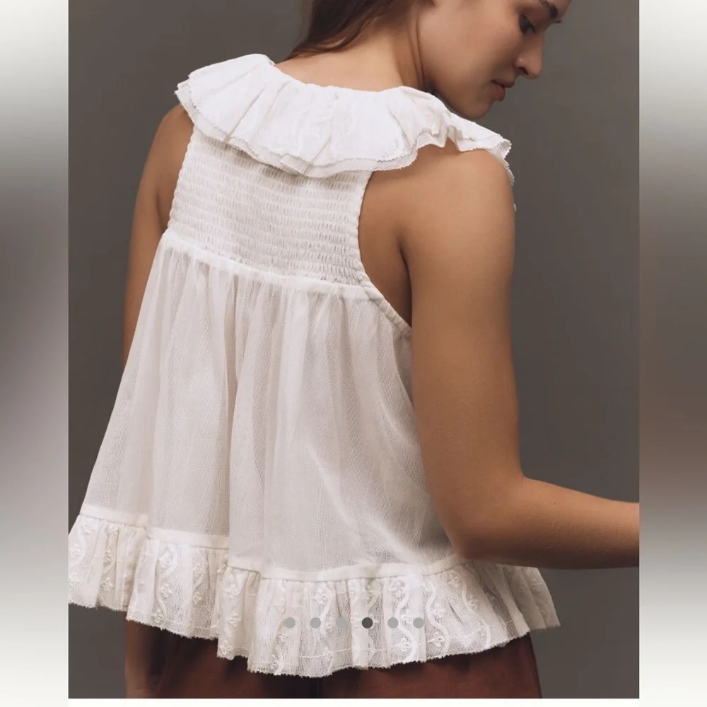 BNWT Anthropologie Sheer Ruffle Elegant Cream Ruffled Sleeveless Top - L - Picture 3 of 16